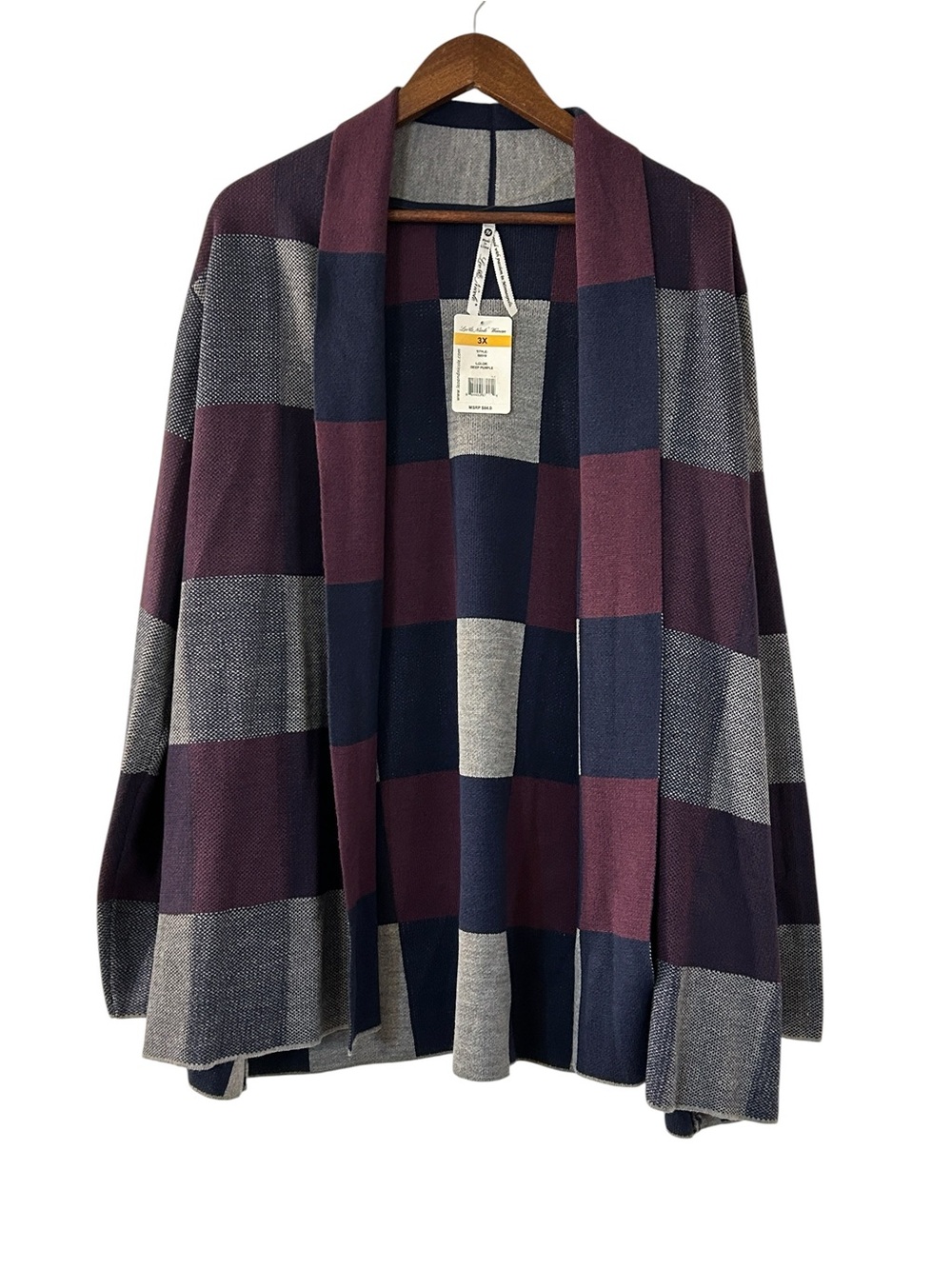 NWT Leo & Nicole Woman 3X Open Front Buffalo Plaid Cardigan Purple Gray Navy